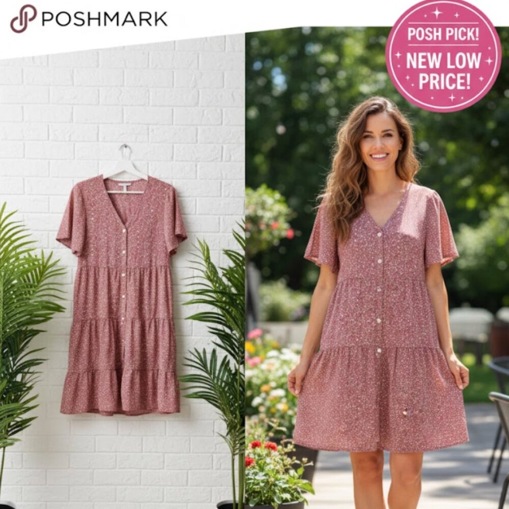 NEW Flouncy pink mauve & white pattern tiered dress bell sleeves Small